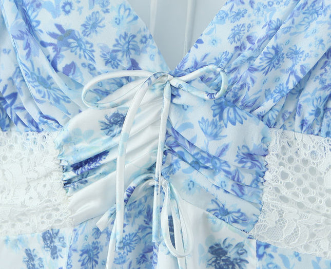 Blue White Color Floral Print v Neck Short Sleeve Casual Fashion Mini Dress for Women