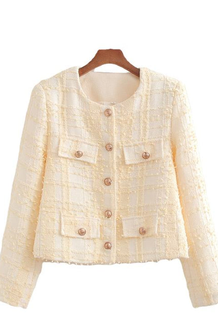Crew Neck Beige Color Single Breasted Long Sleeve Hot Sale Casual Tweed Jacket for Women