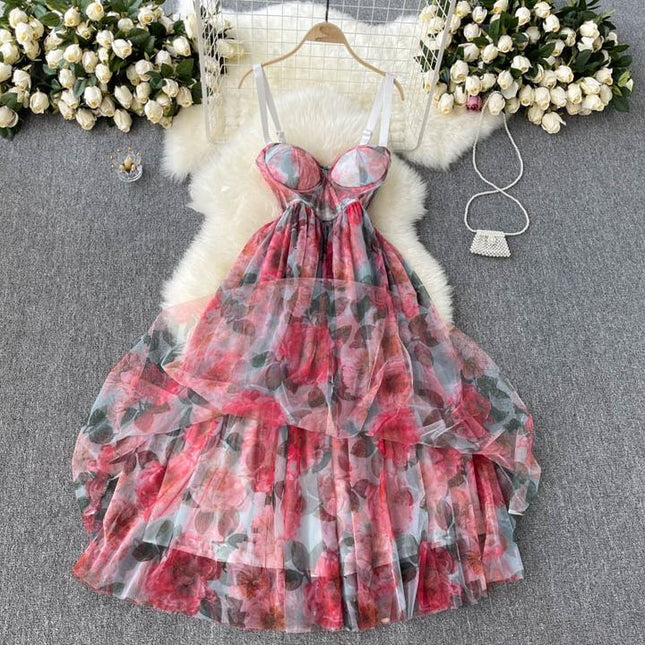 Spring and Autumn Printed Resort High End Women Summer Sexy Long Camisole Dress