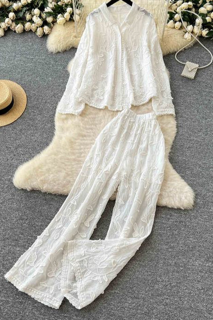 Women's Fashion Wrinkle Large Size Long Sleeve Shirt High Waist Wide Leg Trouser Set