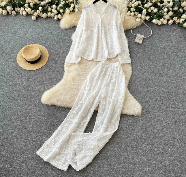Women's Fashion Wrinkle Large Size Long Sleeve Shirt High Waist Wide Leg Trouser Set