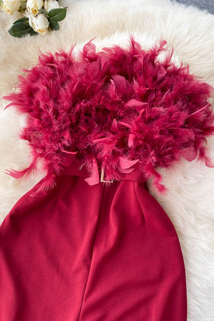 Luxury Feather Tassel Tube Top Jumpsuit Women High Waist Slimming Playsuits Lady Straight Wide Leg Jumpsuit Summer