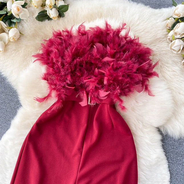 Luxury Feather Tassel Tube Top Jumpsuit Women High Waist Slimming Playsuits Lady Straight Wide Leg Jumpsuit Summer