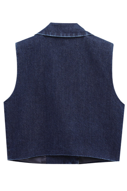 Single Button Denim Blue Color Notched Collar Casual Fashion Jeans Vest Waistcoat for Women