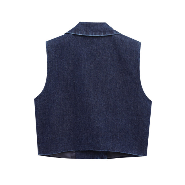 Single Button Denim Blue Color Notched Collar Casual Fashion Jeans Vest Waistcoat for Women