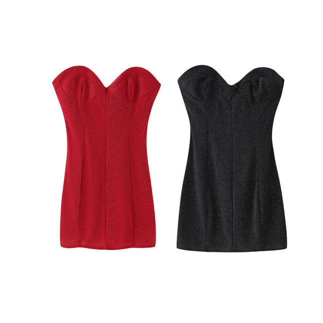 2 Colorway Strapless Red Color Back Lace up Sleeveless Casual Fashion Mini Dress for Women