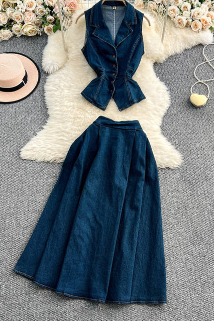 Set of Women's Summer Light Mature Style Pleated Waist Denim Top+high Waist Slimming Skirt