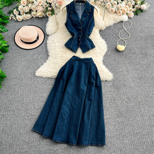Set of Women's Summer Light Mature Style Pleated Waist Denim Top+high Waist Slimming Skirt