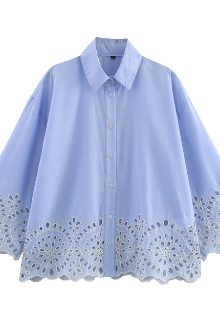 Turn Down Collar Long Sleeve Blue Color Buttons up Bottom Embroidery Eyelet Casual Fashion Tops Blouse for Women