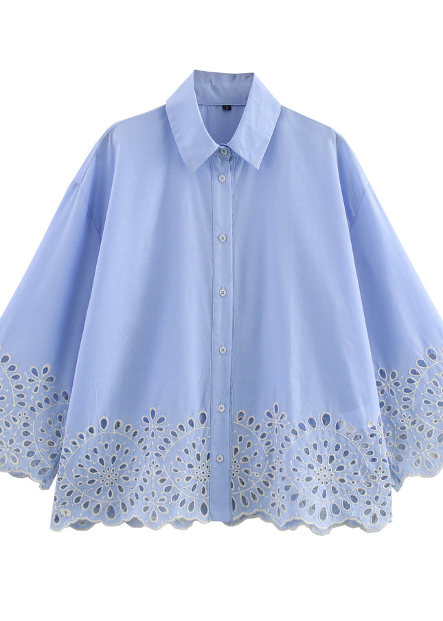 Turn Down Collar Long Sleeve Blue Color Buttons up Bottom Embroidery Eyelet Casual Fashion Tops Blouse for Women