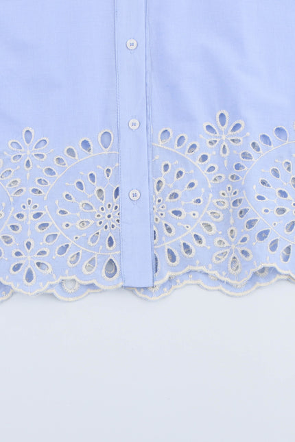 Turn Down Collar Long Sleeve Blue Color Buttons up Bottom Embroidery Eyelet Casual Fashion Tops Blouse for Women