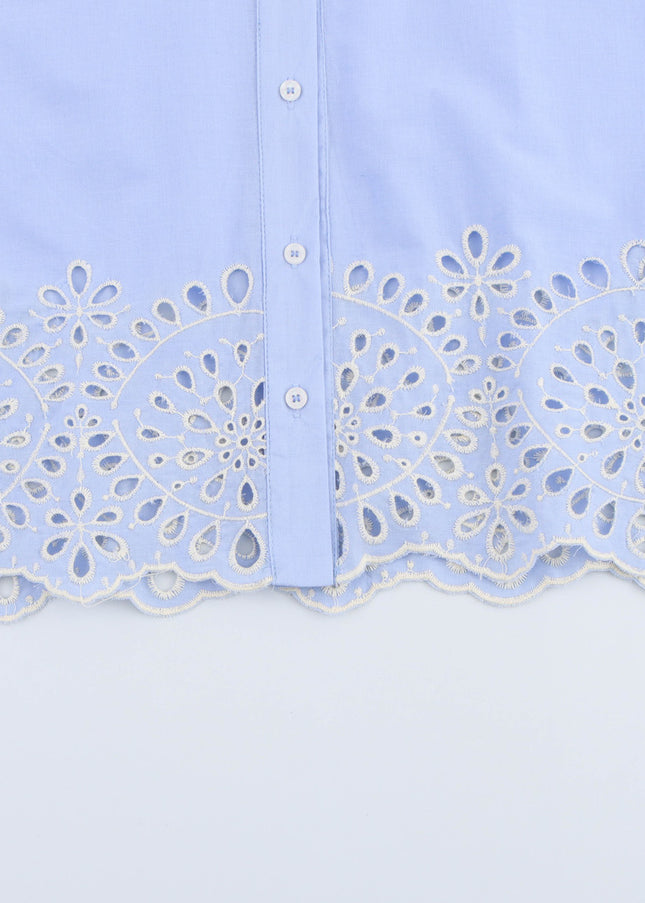 Turn Down Collar Long Sleeve Blue Color Buttons up Bottom Embroidery Eyelet Casual Fashion Tops Blouse for Women