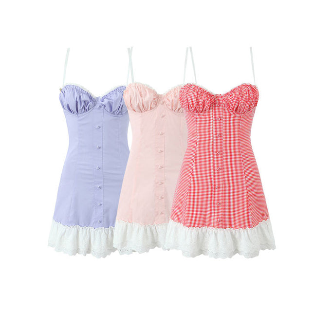 3 Colorway Spaghetti Strap Back Lace up Patchwork Design Casual Fashion Mini slip Dress for Women