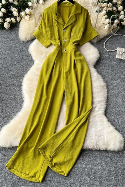 Summer Women's New Jumpsuit Lapel Short Sleeve High Waist Casual Jumpsuit
