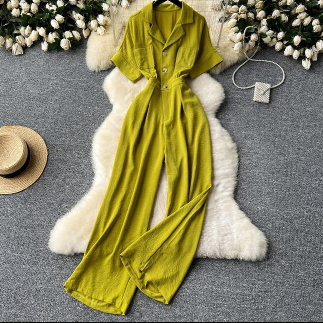 Summer Women's New Jumpsuit Lapel Short Sleeve High Waist Casual Jumpsuit