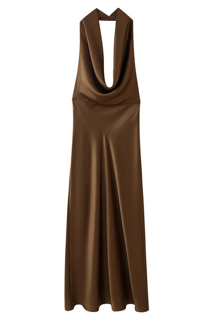 Back Hollow Out Brown Color Sleeveless Hot Sale Casual Fashion Maxi Halter Dress for Ladies