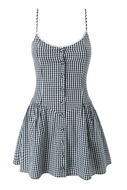 2 Colorway Spaghetti Strap Plaid Pattern Buttons up Casual Fashion Cotton Mini slip Dress for Women