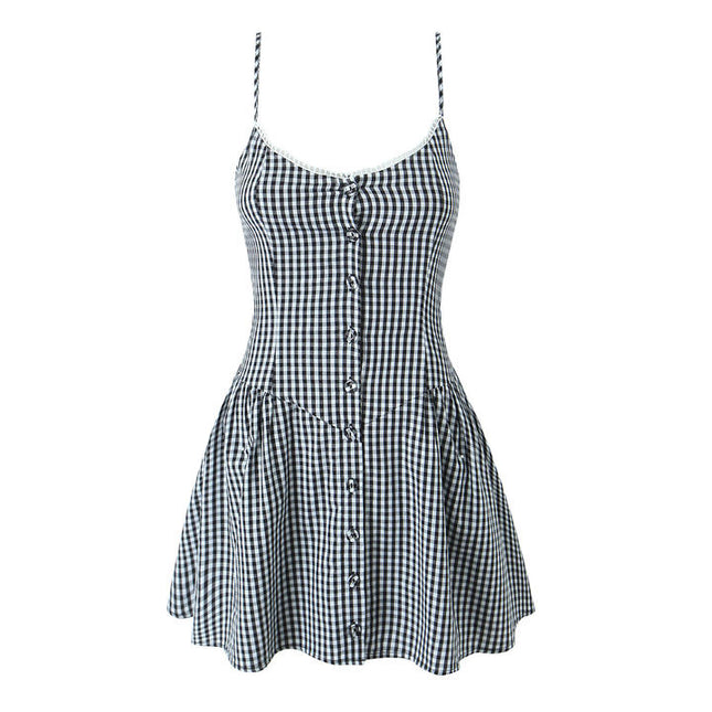 2 Colorway Spaghetti Strap Plaid Pattern Buttons up Casual Fashion Cotton Mini slip Dress for Women