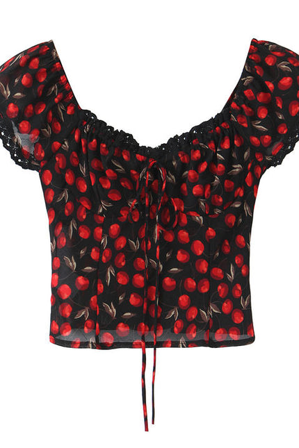 Fruit Print Black Red Color Front Lace up Casual Fashion Women's Crop Top