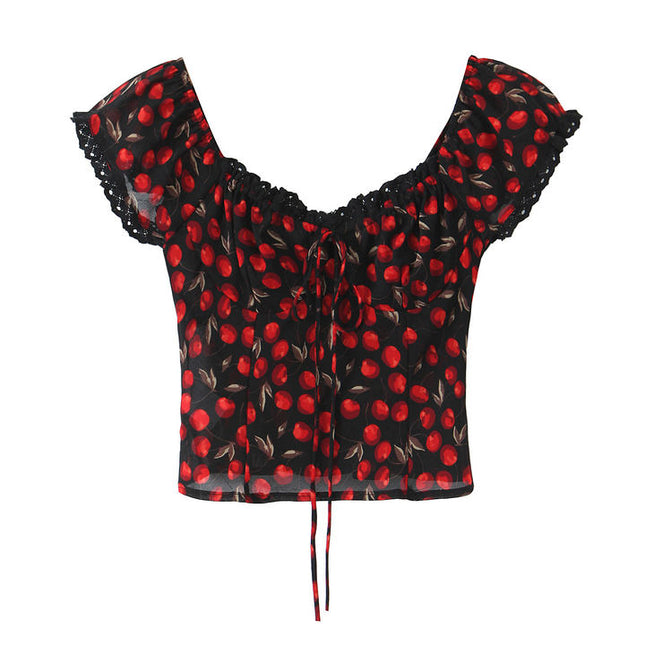 Fruit Print Black Red Color Front Lace up Casual Fashion Women's Crop Top