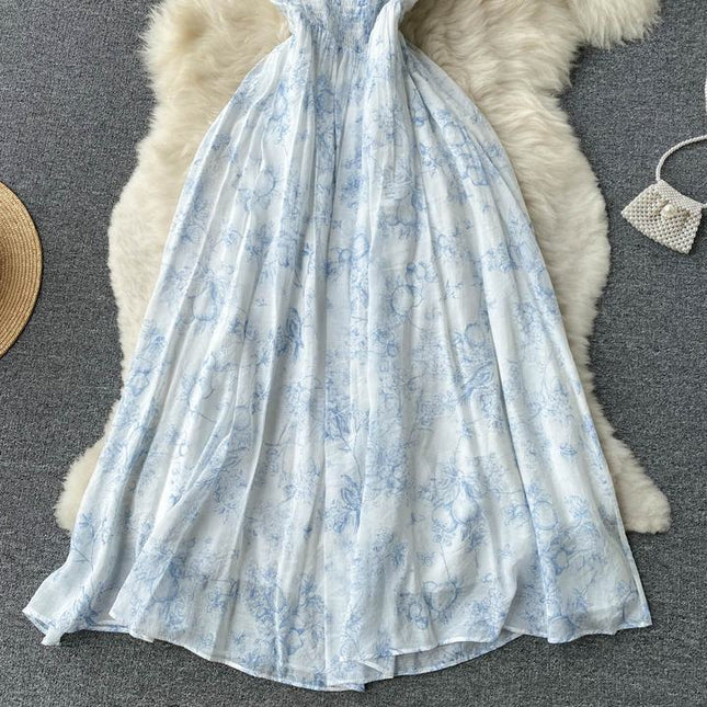 French Summer New Square Neck Waisted Short Sleeve Casual Floral Dresses