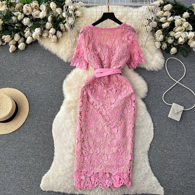2025 Spring Summer Dress High Quality Women Allover Crochet Lace Embroidery Beading Button Bodycon Dress