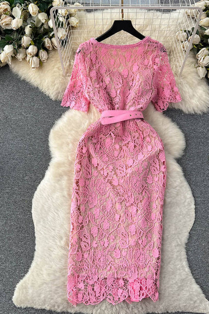 2025 Spring Summer Dress High Quality Women Allover Crochet Lace Embroidery Beading Button Bodycon Dress