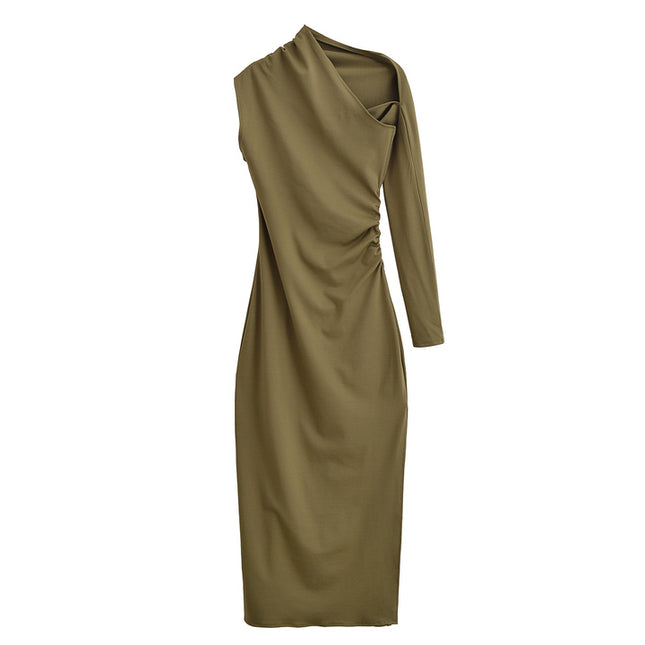 Long Sleeve Hollow Out Green Color Asymmetrical Design Casual Fashion Summer Dress for Women