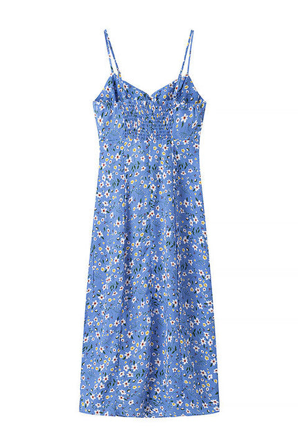 Blue Color Front Slit Spaghetti Strap Floral Print Casual Fashion slip Dress for Women