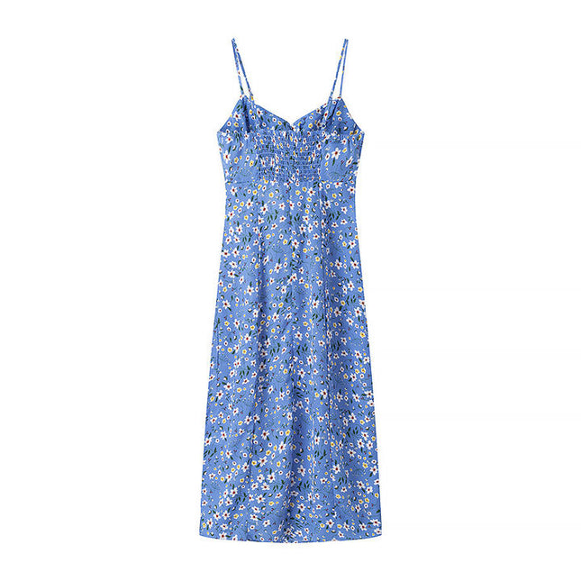 Blue Color Front Slit Spaghetti Strap Floral Print Casual Fashion slip Dress for Women