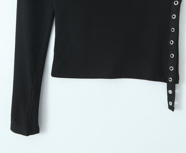 3 Colorway Asymmetrical Design Solid Color Long Sleeve Pleated Casual Fashion Women t Shirt