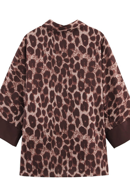 Turn Down Collar Long Sleeve Buttons up Blouse Elastic Waist Animal Print Pants Casual Women 2 Piece Set
