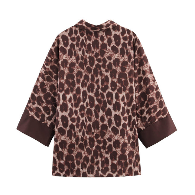 Turn Down Collar Long Sleeve Buttons up Blouse Elastic Waist Animal Print Pants Casual Women 2 Piece Set