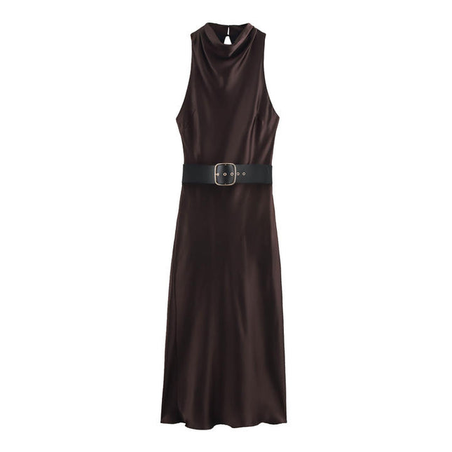 Crew Neck Sashes Brown Color Sleeveless Casual Fashion Maxi Summer Dress for Women