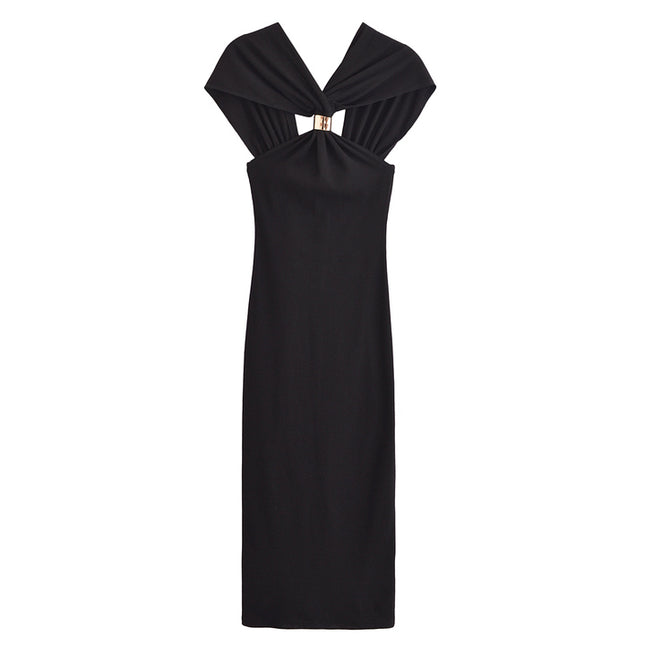 V Neck Black Color Sleeveless Hot Sale Casual Fashion Summer Long Dress for Women