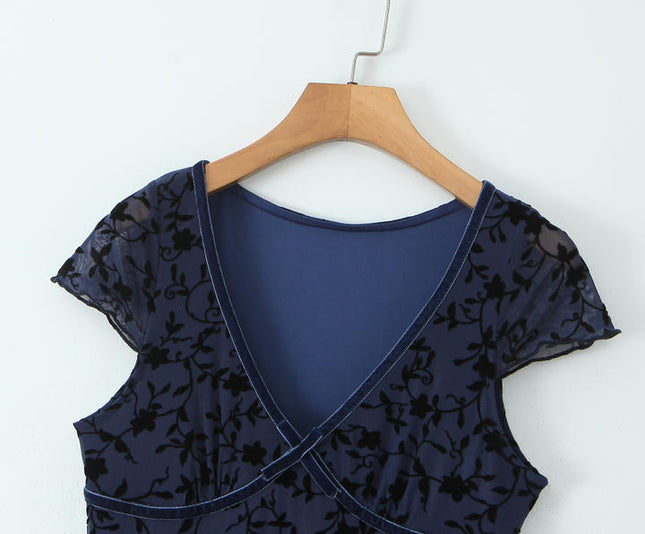 V Neck Short Sleeve Blue Color Floral Pattern Casual Fashion Midi Dress for Ladies