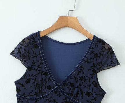 V Neck Short Sleeve Blue Color Floral Pattern Casual Fashion Midi Dress for Ladies