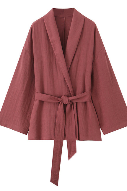 Notched Collar Red Color Long Sleeve Sashes Casual Fashion Kimono Jacket for Women