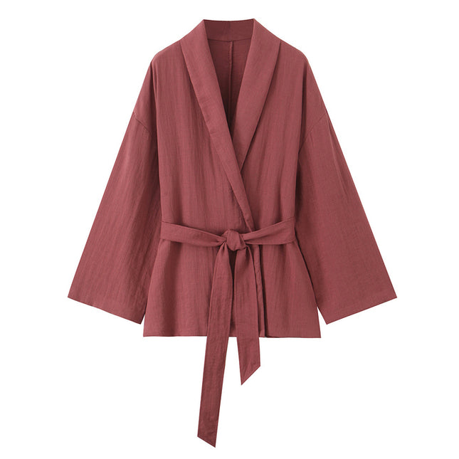 Notched Collar Red Color Long Sleeve Sashes Casual Fashion Kimono Jacket for Women