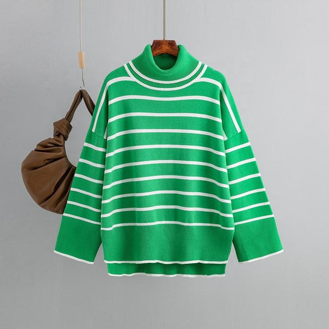 Spring Autumn Vintage Versatile High Neck Striped Loose Sweater Women's Sweater Top
