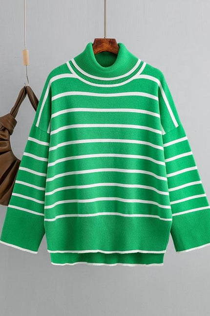 Spring Autumn Vintage Versatile High Neck Striped Loose Sweater Women's Sweater Top