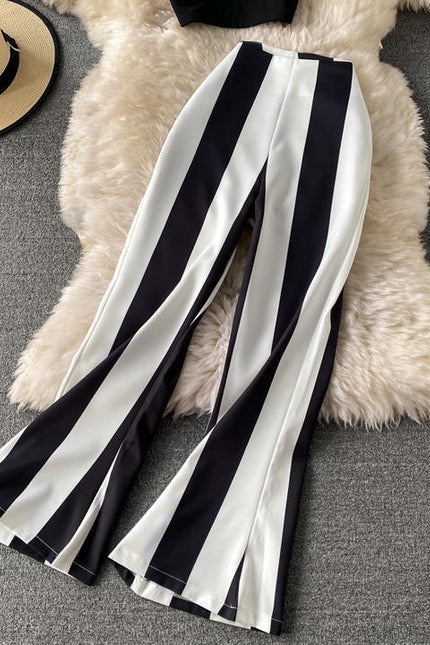 Women Summer Design Set Sexy Sleeveless Short Strap Tops High Waist Long Flare Pants Two Piece Suits