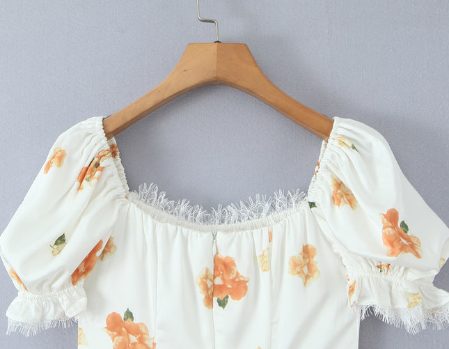 Square Collar Floral Print Lace up White Color Short Sleeve Casual Fashion Summer Mini Dress for Women