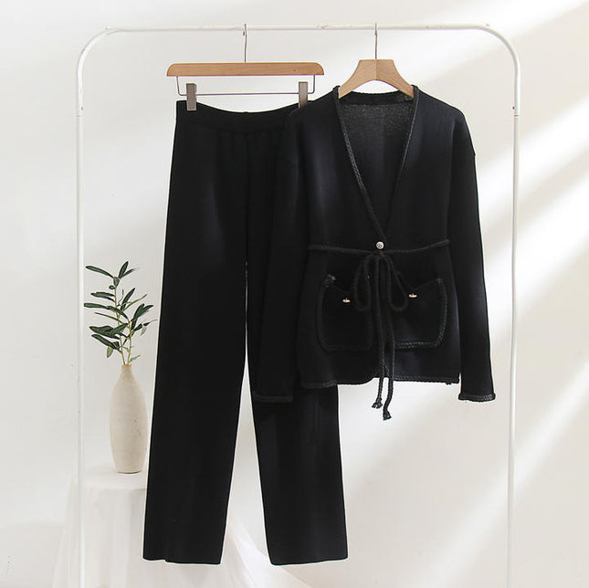Soiling High Quality Winter Autumn Knitted Solid Color Long Sleeve V Neck H Type 2 Piece Set Women Sweater Suit