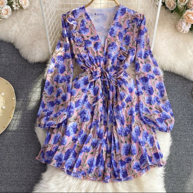 Autumn V-Neck Ruffled Long Sleeve Waisted A-Line Floral Pleated Casual Dresses