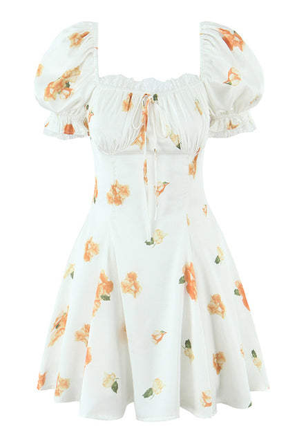 Square Collar Floral Print Lace up White Color Short Sleeve Casual Fashion Summer Mini Dress for Women