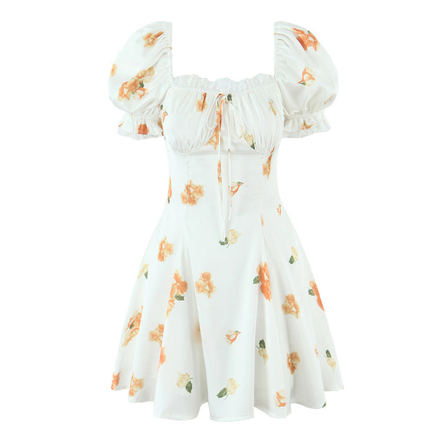 Square Collar Floral Print Lace up White Color Short Sleeve Casual Fashion Summer Mini Dress for Women