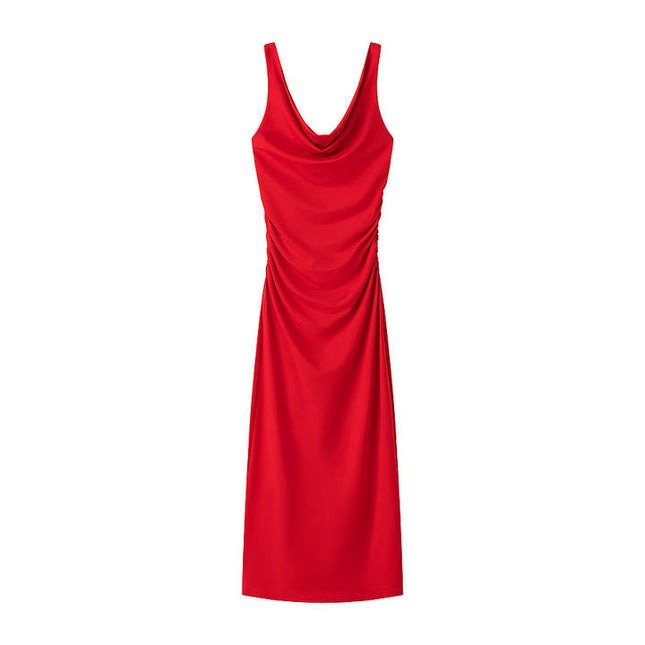 2 Colorway Solid Color Shoulder Strap Pleated Casual Fashion Long slip Dress for Women