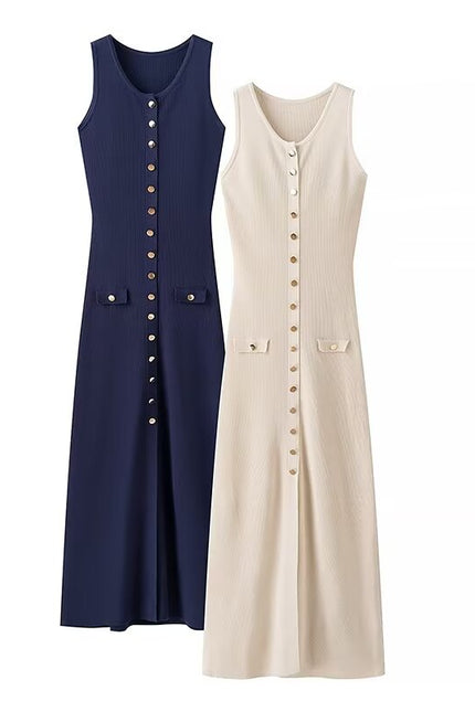 2 Colorway Buttons up Solid Color Crew Neck Sleeveless Casual Fashion Knit Long Dress for Women