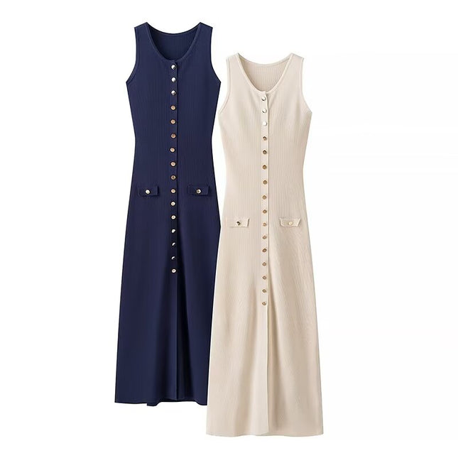 2 Colorway Buttons up Solid Color Crew Neck Sleeveless Casual Fashion Knit Long Dress for Women